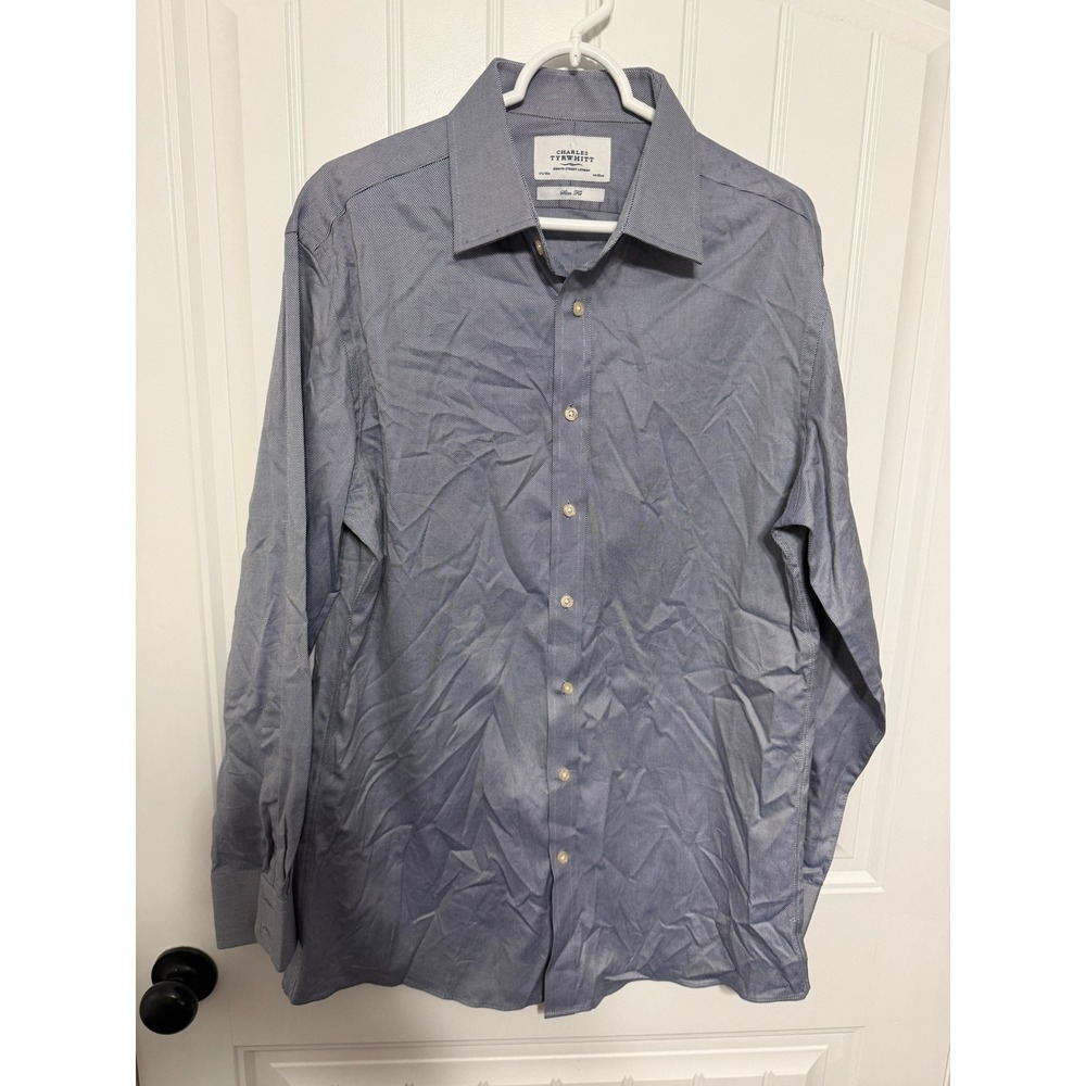 Charles Tyrwhitt Dress Shirt Mens 17.5/35 Slim Fit Micro Stripe Blue White EUC